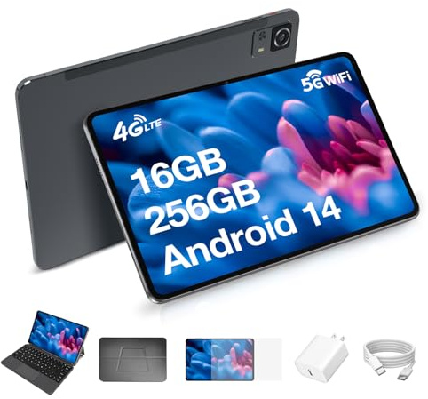 Weelikeit 12 Zoll Tablet mit Tastatur, 4G LTE und Dual SIM, 5G WLAN, 2K FHD Android 14, 16GB RAM+256GB ROM, 20W Schnellladung, 5MP+13MP, 8000mAh/GPS/GMS/OTG/Grau