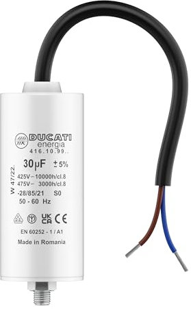 Condensateur 30 uF pour Moteur Monophasé - Utilisation pour Kärcher, Pompe de Piscine, Porte de Garage - 425V/450V/475V - Condensateur de Démarrage/Permanent avec Câble