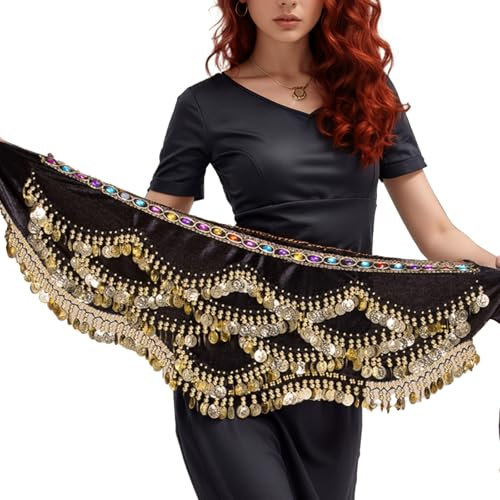 Bauchtanz Hüfttuch Damen mit Münzen Gürtel Röcke für Karneval Party Bauchtanz Kostüm ﻿ (DE/NL/SE/PL, Alphanumerisch, Einheitsgröße, Regular, Regular, Schwarz)