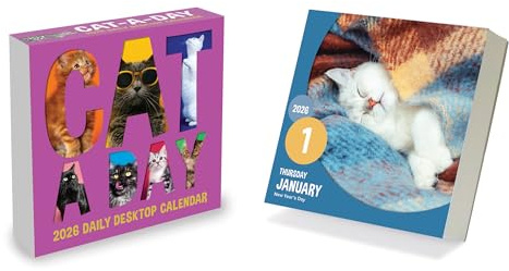 TF Publishing 2026 Cat A Day Daily Desktop Calendar - Home and Office Organization - Small Desk Calendar 2026 with over 300 Full-Color Tear-Off Pages and Standing Cardboard Easel - 5.25in x 5.25in