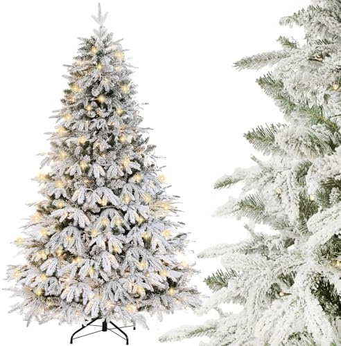 DEWUR Weihnachtsbaum künstlich mit Beleuchtung und Schnee, Metallständer (210 cm)