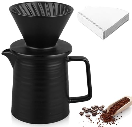Leikurvo Pour Over - Set di caffettiera da 450 ml, in porcellana con tazza e 100 filtri di carta, contagocce in ceramica, per casa, ufficio, attività all'aperto, campeggio (nero)