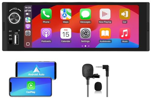AWESAFE Universal 1 DIN Radio de Coche con Pantalla Táctil 6.36 Pulgadas, con CarPlay/AndroidAuto/Admite Carga Type-C/USB/Micrófono/FM/EQ/WiFi/GPS/Bluetooth/USB/SWC