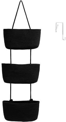 TeoKJ Hanging Basket for the Door, 3-Tier Wall Organiser, Hanging Organiser, Storage Baskets, Made of Cotton Rope, Woven with Hooks for Wall, Hanging Shelf Bathroom, Decorative Hanging Kitchen Baskets