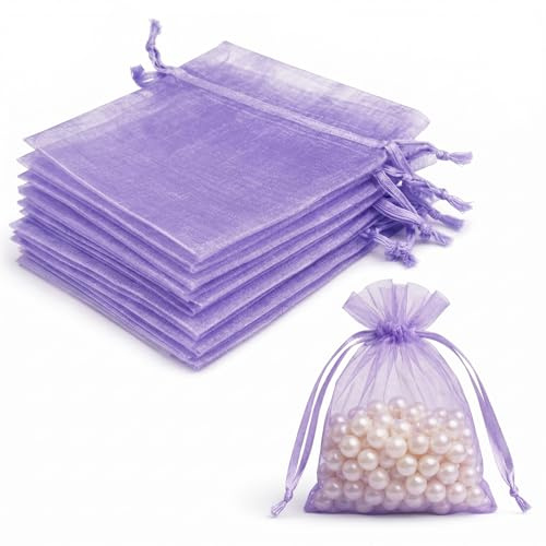 Lafefe 20Pcs Organza Gift Pouches, 10x15CM Clear Mesh Drawstring Pouches, Organza Gift Bags for Wedding Favours, Party, Festival, Candy and Game Favour Bags - Purple