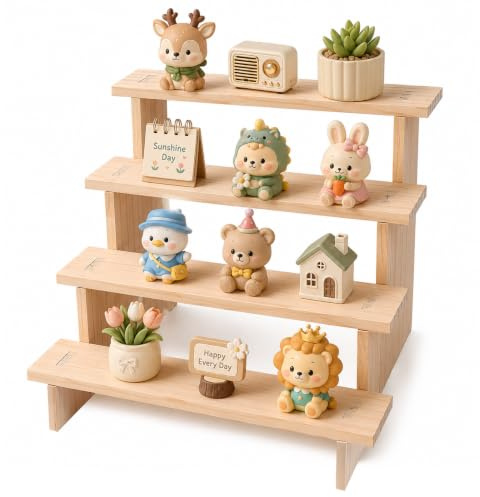 Sxutop 4 Niveles Expositor de Madera en Escalera Soporte Elevador de Exhibición Madera Maciza Organizador de Perfumes Desmontable para Fragancia Figuras,Cosméticos,Coleccionables (29.5x28x23.5cm)