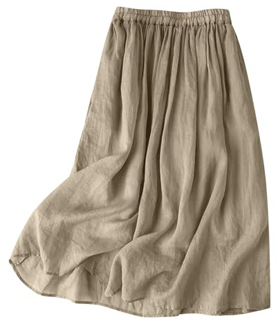 Summer Skirts for Women UK Cotton Linen Boho Beach Skirt Vintage Casual Swing Flowy Skirt Ladies Plus Size Elastic High Waist Midi Skirts Holiday Vacation Party Going Out Dress