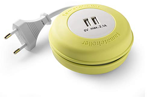 Famatel Roller | Arrotolabile con 2 USB | 2 metri | con materiale in silicone | con elevata flessibilità e resistenza | giallo, verde, 9 x 9 x 4 cm