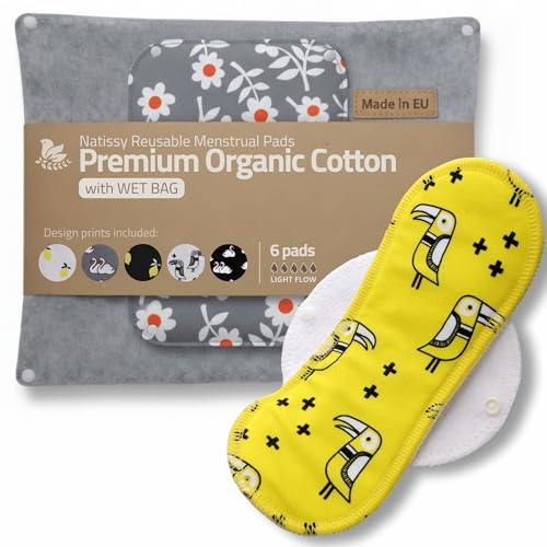 Assorbenti Lavabili Cotone Biologico; Assorbenti Riutilizzabili 6-Pack + Borsa (Taglia S+M) PRODOTTI IN EU; Assorbenti Lavabili Piccoli Kit Igienici per ciclo mestruale, l’incontinenza e il dopo parto