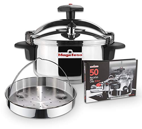 Magefesa Star Recta – Exklusives Set Traditioneller Schnellkochtopf 4L + Dämpfeinsatz + Rezeptbuch, Edelstahl 18/10, Geeignet für Induktion