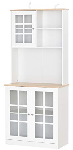 HOMCOM Alacena de Cocina, Mueble Auxiliar de Cocina, con 3 Puertas de Vidrio, Encimera Abierta para Microondas, Estantes Ajustables, Compartimentos Abiertos, 80x37x183 cm, Blanco