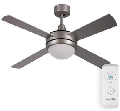 UNIVERSALBLUE Ventilador de techo con luz LED | Aspas reversibles inox y blanco | Ventilador silencioso con Motor AC | Mando a Distancia | Diámetro 106 cm | Temporizador | Accesorios 1 Bombilla