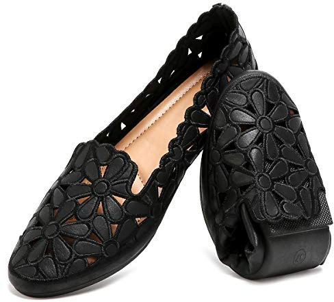 HEAWISH Women's Floral Ballet Flats for Women Black Beige Slip On Flowers PU Leather Round Toe Dress Shoes(Black,US8)