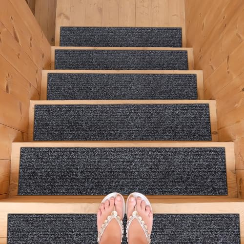 Ottomanson Non-Slip Stair Treads for Wooden Steps – Set of 14 Low-Profile Scraper Stair Mats with Rubber Backing, Indoor Staircase Protection for Kids & Pets – Dirt-Trapping Step Covers,8 x 30,Black