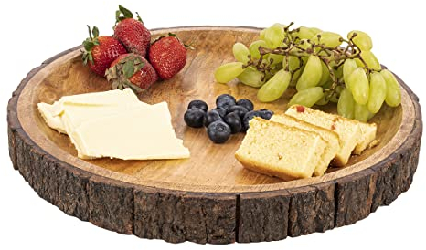 GoCraft Round Wooden Serving Platter with Tree Bark on Edges | Mango Wood Pizza Platter, Serve Board | Charcuterie Platter - 13