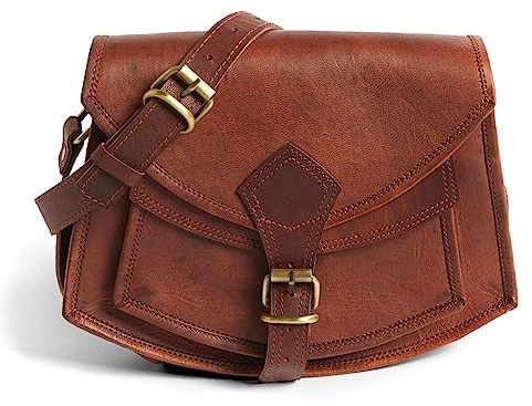 LEABAGS Bolso de Cuero para Mujer | Bandolera de Cuero Genuino | Trabajo, Universidad, Escuela y Tiempo Libre | Vintage Cognac | Tamaño L (25 x 22 x 7 cm)