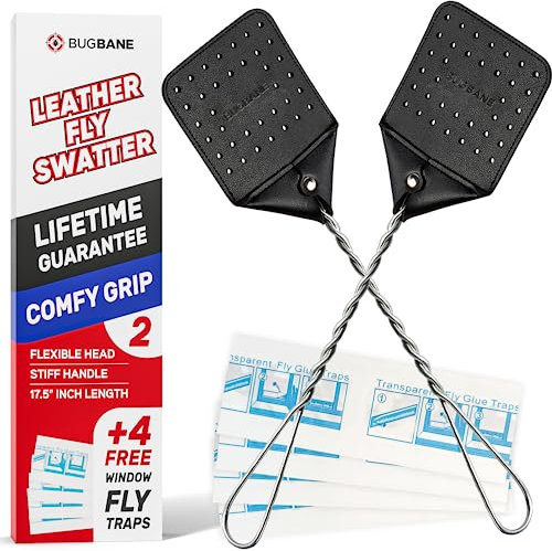 Leather Fly Swatter Manual 2pk with 4 Window Fly Traps. Extremely Heavy Duty Fly Swatter Heavy Duty Flyswatter Swatter Fly Swatters Multi Pack. Fly Swater Fly Swat. Fly Swatter for Indoors Outdoors