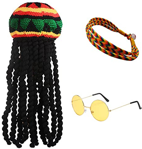 LSYYSL 1 langer geflochtener Hut, 1 Brille und 1 geflochtenes Armband, schwarze geflochtene Perückenkappe, Maskerade-Kostümzubehör für Partys, Cosplay