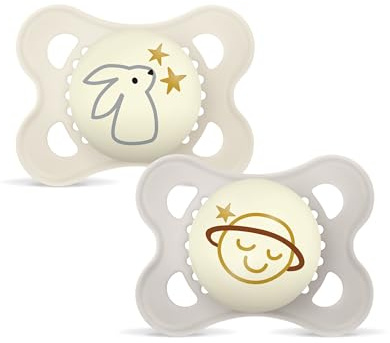 MAM 2 x Glow in the Dark Pacifier 2-6 Months with Symmetrical Teat Flat and Flexible Silicone Easy to Receive with Self-Sterilising Box Original Neutral Matte Night