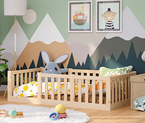 Bellabino Tapi Bett 80x160 cm, Kinderbett mit Rausfallschutz, inklusive Lattenrost, Montessori Bodenbett für Jungen und Mädchen aus Kiefer Massivholz, Natur lackiert, Bed