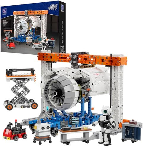 PANTASY Technik Klemmbausteine für Erwachsene GE-90 Jet Flugzeugtriebwerk Wartungswerkstatt mit Kran, Mit Kran, LKW, Teleskoplader, Transporter & Roboter Ideal für Technic City