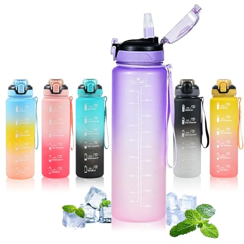 SEASEVEN Water Bottle with Straw 1L,Boys Water Bottles with Straw 1 Litre,Waterbottle Leak-Proof Sports Water Bottle,Plastic Drinks Bottles Toxin Free，Bpa-Free (Gradient Purple)