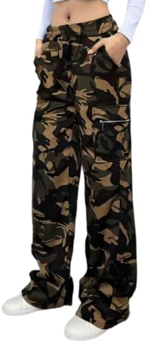 Nuofengkudu Damen Camouflage Weite Hose Cargo Jogginghose Straight Tarnhosen Lang Gummibund Reissverschluss Taschen Lockere Jogging Combat Freizeithose Sporthosen Bequeme Schlupfhose Y2K Grün B M