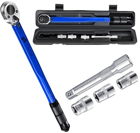 DIVID® Drehmomentschlüssel, 6-teiliges Set inkl Aufbewahrungsbox, inkl 3 Stecknüssen und Verlägerung, TÜV Süd GS 1/2 Zoll CrV (Blau)