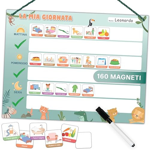 Mini Mindz® Calendario giornaliero per bambini - Lavagna magnetica Montessori dal design simpatico con 160 magneti e penna - Giochi educativi dai 3 anni - Calendario per bambini