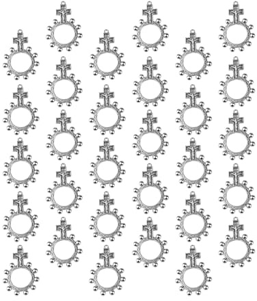 jojnsha Juego de 30 anillos de rosario católico con crucifijo pequeño, rosarios de dedo de bolsillo, joyería religiosa, 15*10*2cm, Zinc