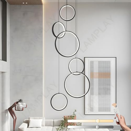 LAMPLAY Lámpara De Araña LED Para Escalera Larga, Lámpara De Techo Alto Con 6 Anillos Negros, Luz Colgante Ajustable En Altura Para Entrada De Bricolaje, Regulable Con Control Remoto 3000K-6000K