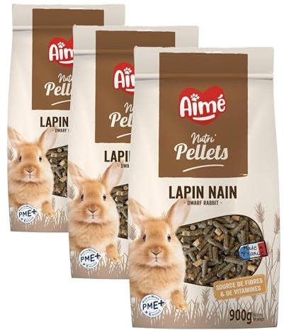 Aimé | Nutri'Pellets | Nourriture pour Lapin Nain | Aliment Complet | Repas Granulé à Base de Vitamines, Fibres et Céréales | Fabriqué en France | 900g (Lot de 3)
