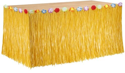 Lot De 4 Jupes De Table En Herbe Luau - Décorations De Fête Hawaïenne - Jupe De Table Hawaïenne Avec Fleurs D'hibiscus - Jupe De Fête Jaune Pour Fête Luau - Fête À Thème Hawaïen - 75 X 275 Cm