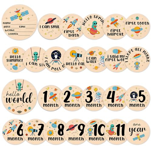 Baby Milestone Cards - Space Adventure Baby Monthly Milestone Signs, Rocket & Planet Wooden Signs Discs for Photo Props, Hello Newborn Announcement Sign with Astronaut,Baby Shower/Gift Set(13pcs)