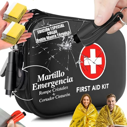 Kit Emergencia Coche con doble Manta Térmica, Supervivencia, Mini Botiquin Moto Kit Emergencia de Primeros Auxilios Viaje, Neceser Botiquin, Kit de Primeros Auxilios (Negro Coche Doble Manta Térmica)