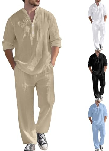 CEWIFO Tuta in Lino da Uomo, Pantaloni Estivi e Camicia, Set Completo con Bottoni, Camicia a Maniche Lunghe, Casual, Due Pezzi, Traspirante, 2 Tinta Unita, per Il Tempo Libero