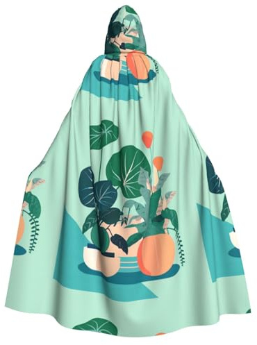 LiuMng Halloween-Kapuzenumhang für Erwachsene, Cartoon-Motiv, Grünpflanzen-Druck, Unisex, Zauberer-Umhang, für Urlaub, Party, Cosplay-Kostüme