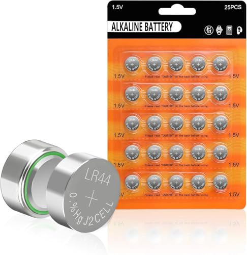 Pilas alcalinas LR44 de 1,5 V para relojes, juguetes, calculadoras y dispositivos médicos | AG13/A76/357/L1154F equivalente | Diseño a prueba de fugas y sin mercurio (25 unidades)