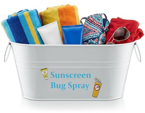 Blulu Sunscreen Bug Spray Storage Bucket Metal Poolside Basket Above Ground Pool Bin Summer Basket Outdoor Storage for Sunscreen Goggles Flip Flop Spf Swimming Camping Beach Accessories Decor(White)