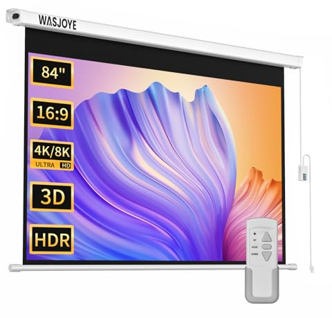 WASJOYE 84 Schermo Proiettore Motorizzato Diagonale Elettrico Proiezione Automatica 16: 9 Telo Videoproiettore HD 8K per il Gioco per Uffici di Cinema Home Theater Projector Screen W/telecomando