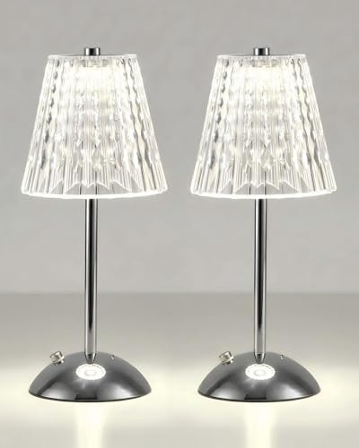 HARPER LIVING Rechargeable Table Lamp Set of 2, LED Desk Lamp Battery Operated, 3 Colours & Dimmable, Cordless Touch Lamps Bedside Reading Light for Bedroom Living Room Bar Restaurant, Chrome