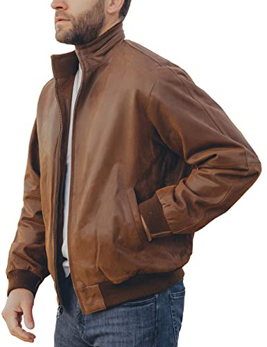 FLAVOR Herren Echtleder Bomberjacke Freizeitjacke (Braun, L)