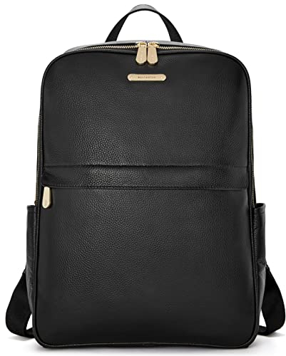 BOSTANTEN Leather Backpack for Women Genuine Leather 15.6 inch Ladies Laptop Backpack Purse College Casual Rucksack Travel Bag Daypack Black