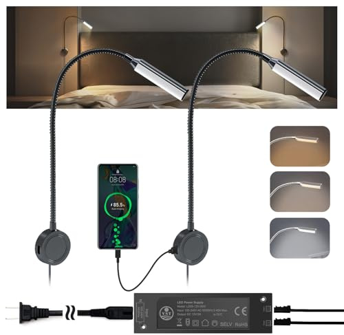 VST Headboard Reading Light, Wall Mounted Bedside Book Lamp, Touch Control Dimmable & 3 Color Temperature 3000K/4000K/6000K, Built-in USB & Type-C Charging Ports, 20W Driver, ETL Listed for Bedroom
