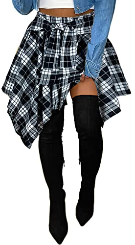 Damen Plaid Röcke Hohe Taille Knoten Vorne Asymmetrischer Saum Mini Skater Rock, schwarz/weiß, Mittel