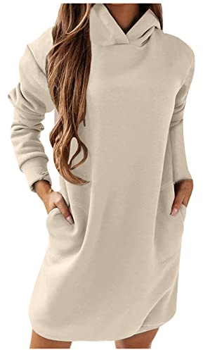 Huvtröja klänning dam med huva: sweatklänningar för dam långärmad fritidsklänning vinter sweatshirtklänning oversize sweatklänning vintage lång huvtröja tröja vinter höst lång tröja huvtröja, Beige, XXL