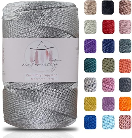 Makromecity makramégarn 2 mm x 230 m, premium polyester, makramérep, polypropen, garn för hantverk, hemdekorationer, bordstabletter, axelväska, handväska, löpare, nappkedja, 20 färger (ljusgrå)