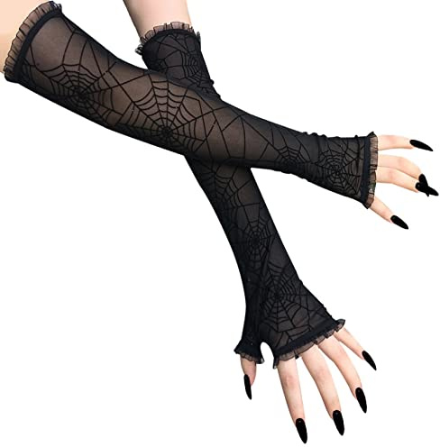 Spindelnät spetshandskar, punk fingerlösa handskar, fingerlösa häxhandskar, näthandskar för halloween cosplay kostym, Regelbunden, One Size
