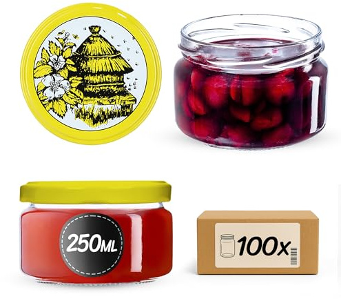 KADAX Lot de 100 pots à confiture de 250 ml avec couvercle à vis Ø 82 mm motif nid d'abeille – hermétiques, passent au lave-vaisselle, idéaux pour confitures, chutneys, légumes marinés, viande, pâtés