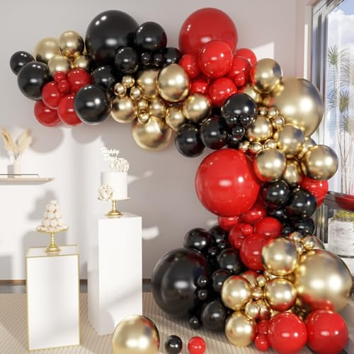 MEBAY Black Gold Red Balloons Garland Arch Kit, 141Pcs Latex Balloons Different Sizes 18 12 10 5 Inch for Party Decorations, Wedding Backdrop, Birthday, Baby Shower, Graduation